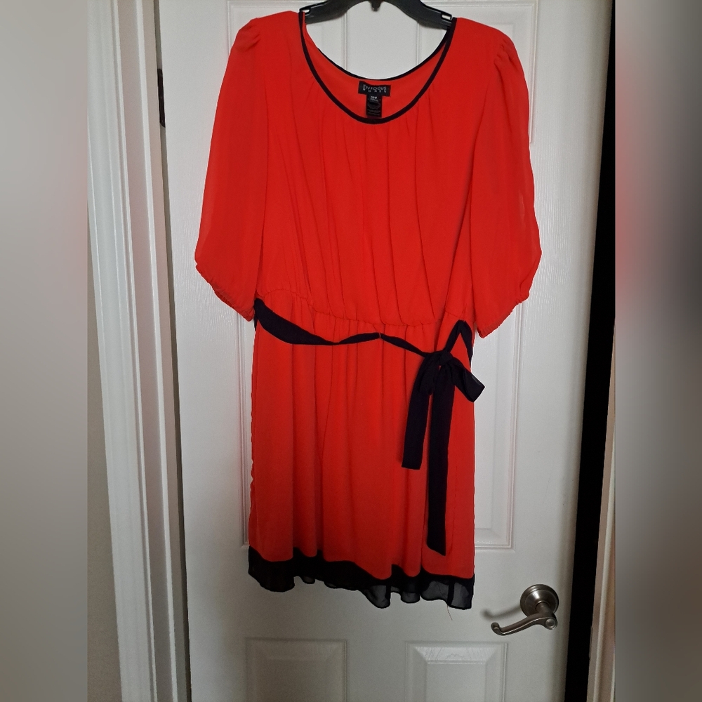 Vibrant Orange-Red Mini Dress/Tunic Top with Black Trim